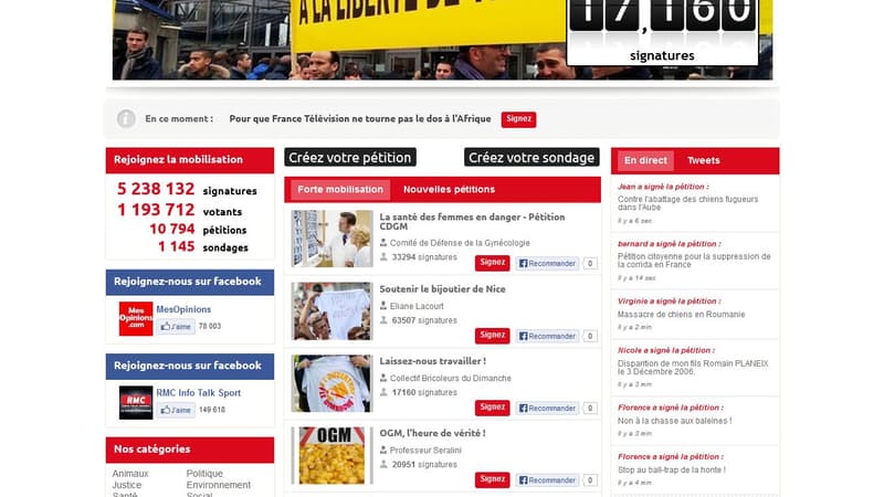 Capture d'écran de la page de pétitions de RMC.fr