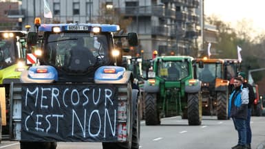 Un agriculteur conduit un tracteur avec une banderole sur laquelle on peut lire "Mercosur, c'est non !". (ILLUSTRATION)