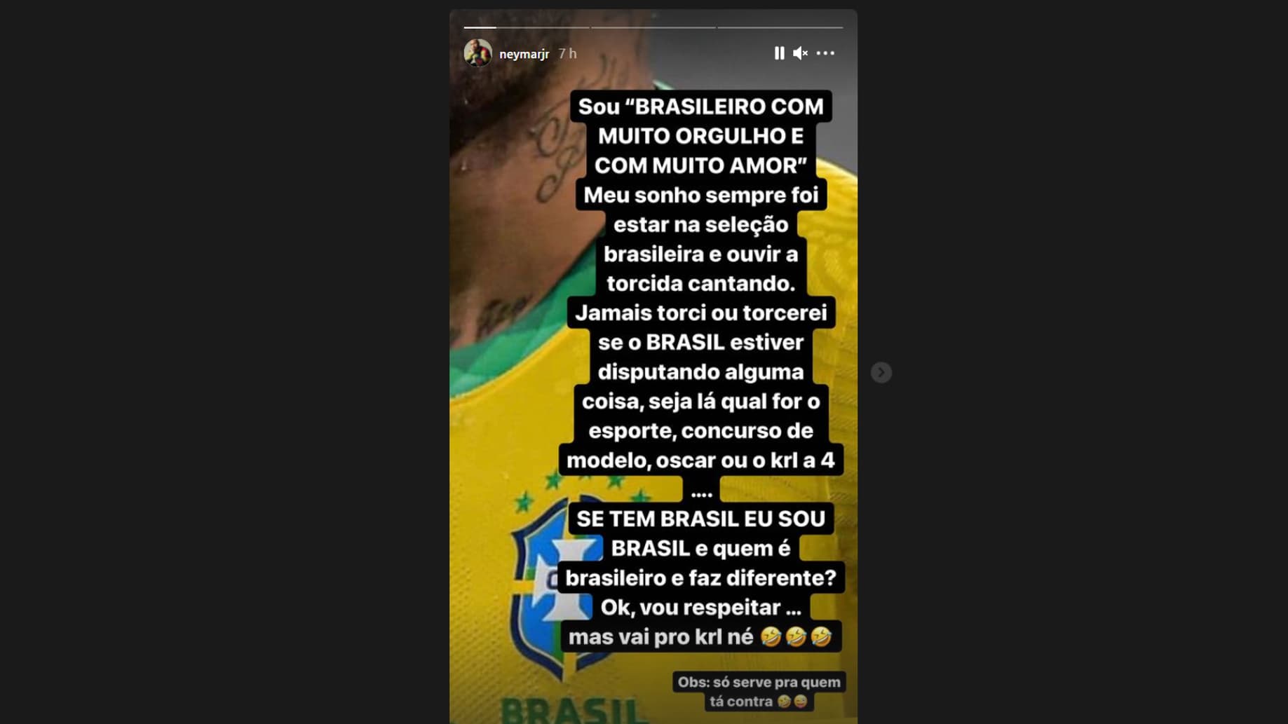 Le message de Neymar sur Instagram contre les Brésiliens qui supportent l'Argentine