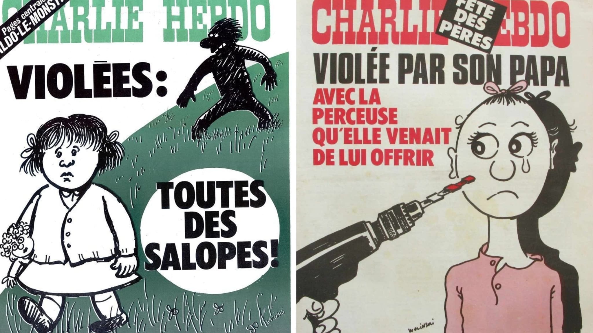 Deux "unes" de "Charlie Hebdo" abordant le sujet de la pédocriminalité