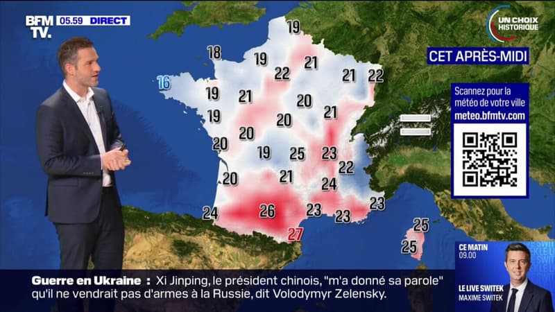 Regarder la vidéo Des averses dans le Nord, des orages sur le centre de la France et du soleil dans le Sud-Ouest, avec des températures comprises entre 16°C et 27°C... La météo de ce vendredi 14 juin 