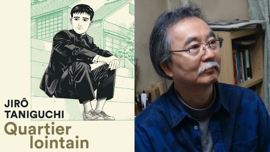 Jirô Taniguchi et la couverture de son livre le plus célèbre, Quartier Lointain.
