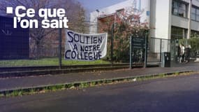Une banderole "Soutien à notre collègue" déployée devant l'école maternelle publique Clôteaux à rennes (Ille-et-Vilaine), après des menaces de mort proférées à l'encontre de son directeur, le jeudi 20 novembre 2025.