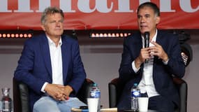 Fabien Roussel et Olivier Faure pendant un débat de la Nupes à Brétigny-sur-Orge, le 10 septembre 2022