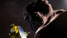 Vue d'artiste représentant New Horizons s'approchant d'Ultima Thule. 