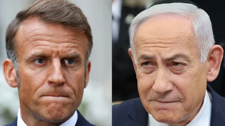 Photomontage du 20 août 2025 montrant le président français Emmanuel Macron et le Premier ministre israélien Benjamin Netanyahu