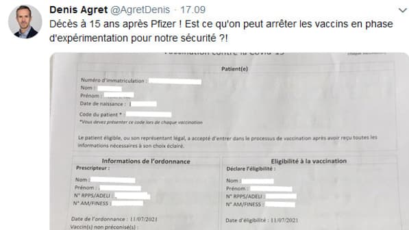 Capture d'écran du compte Twitter de Denis Agret.
