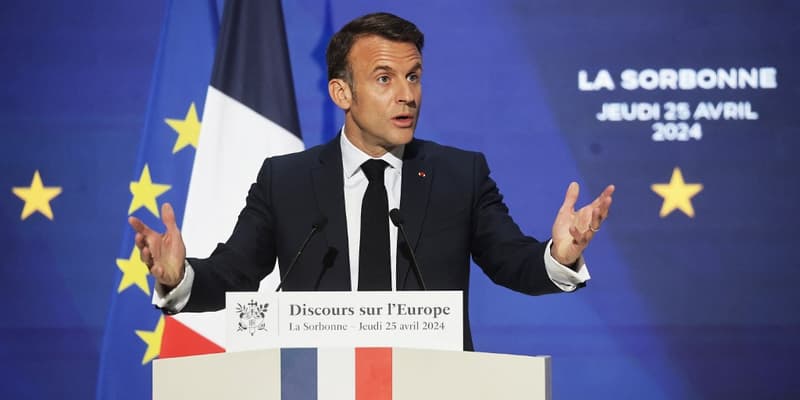 Emmanuel Macron lors de son discours sur l'Europe à La Sorbonne le jeudi 25 avril 2024. Photo d'illustration