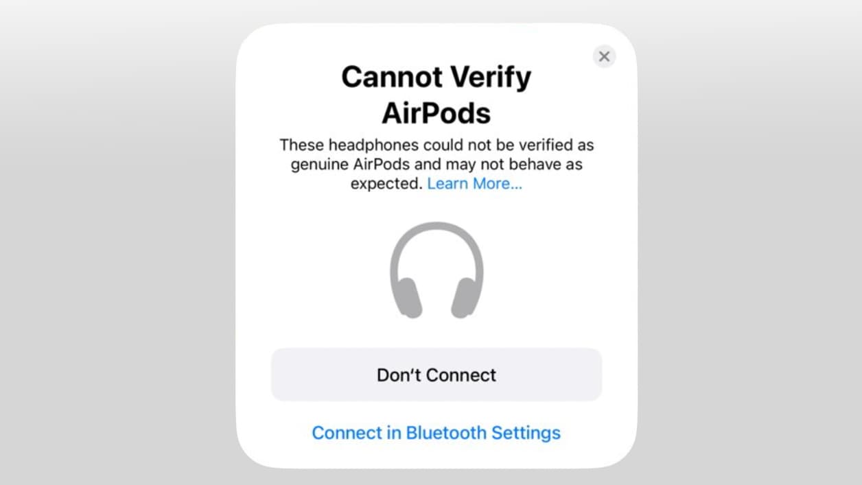 La capture d'écran d'iOS 16 qui apparaît lorsque l'iPhone détecte de faux AirPods