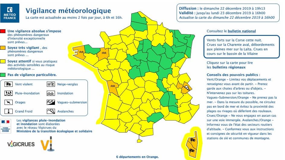 Six départements en vigilance orange pour vents et inondations, la