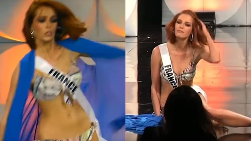 Maëva Coucke chute lors du concours Miss Univers