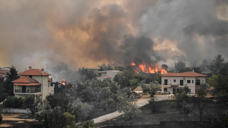 Vue d'un incendie au nord d'Athènes. 