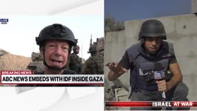 Les journalistes Ian Pannell d'ABC News (gauche) et Trey Yingst de Fox News (droite), au cours de reportages tournés alors qu'ils suivaient des unités de l'armée israélienne au cours de leurs opérations dans la bande de Gaza, et diffusés les samedi 4 et dimanche 5 novembre 2023.