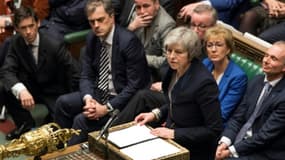 La Première ministre britannique Theresa May, sur une photographie transmise par le Parlement, lors du vote sur l'accord avec l'Union européenne le 15 janvier 2019.