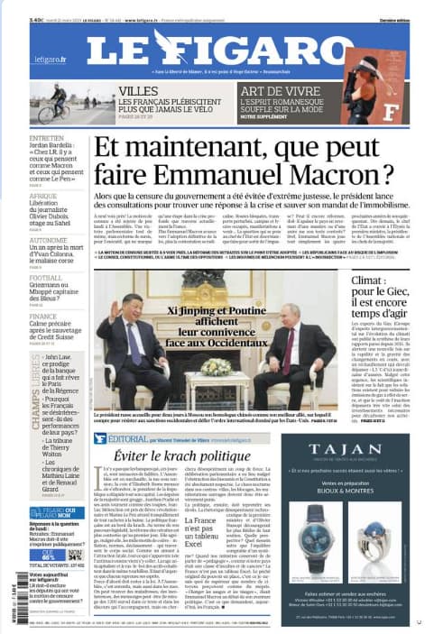 The front page of Le Figaro of March 21, 2023 