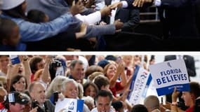 Au moins 120 millions d'Américains vont se prononcer mardi, soit pour offrir un deuxième mandat à Barack Obama, soit pour le remplacer par le républicain Mitt Romney. /Photos prises les 4 et 5 novembre/REUTERS/Jason Reed/Jim Young