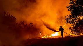 Un pompier lutte contre les flamme dans un forêt des Troodos à Chypre, le 4 juillet 2021