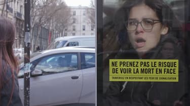 Le piéton effrayé est pris en photo... qui apparaît sur un panneau avec un message de prévention