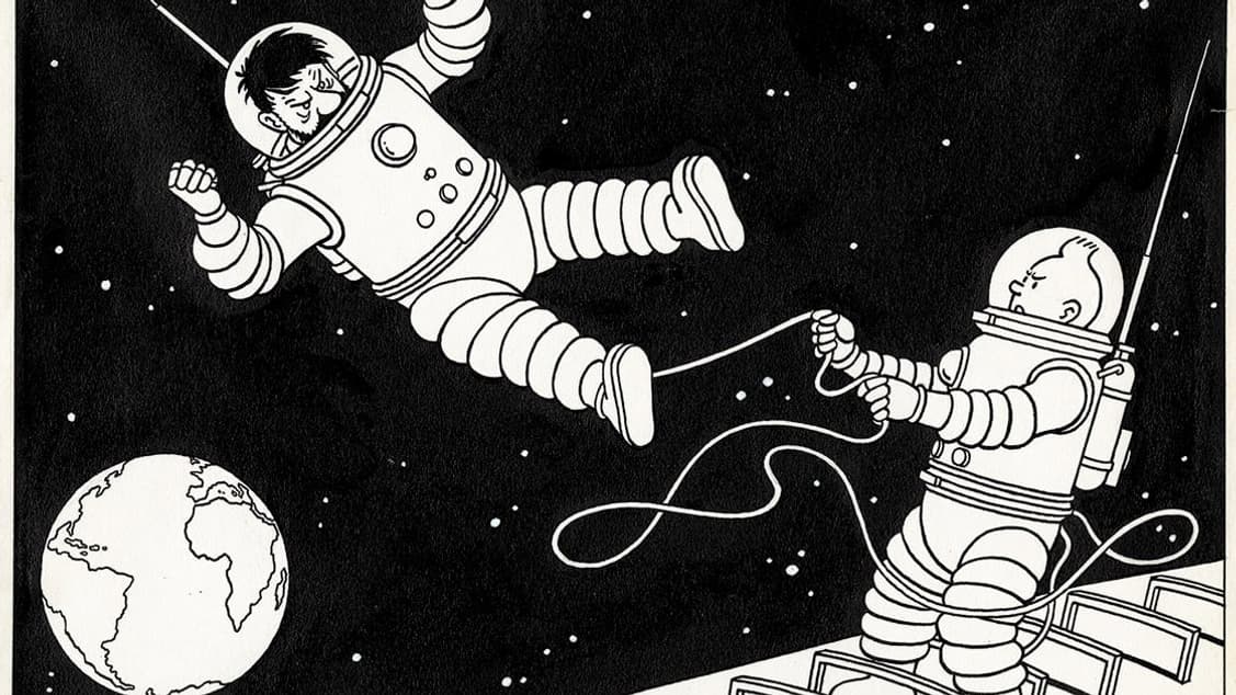 Un dessin de Tintin et du capitaine Haddock dans l'espace, par Hergé (1952) Un dessin de Tintin et du capitaine Haddock dans l'espace, par Hergé (1952)