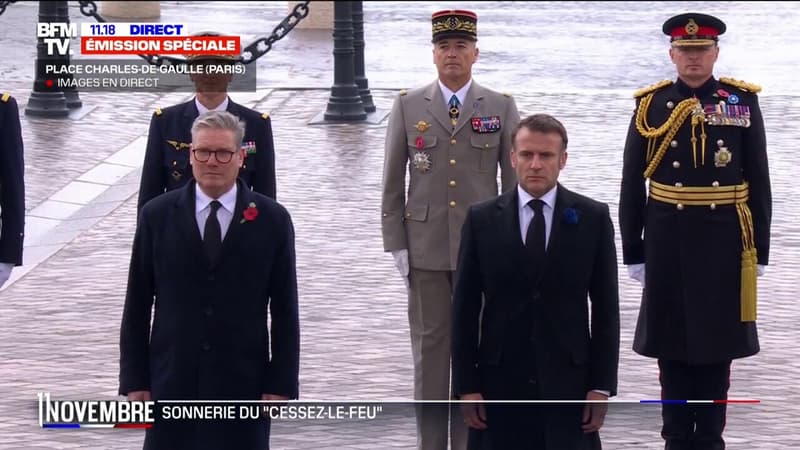 Emmanuel Macron et Keir Starmer effectuent une minute de silence face à la tombe du soldat inconnu et déposent une gerbe de fleurs