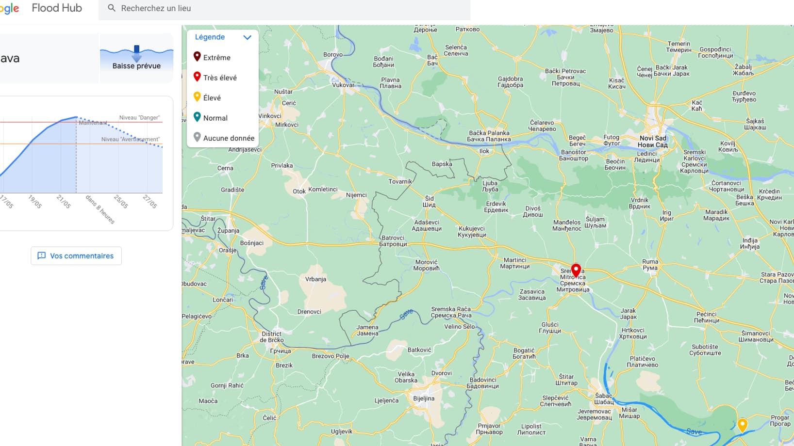 Exemple de la cartographie et de l'information fournie par Flood Hub pour prévenir des inondations.