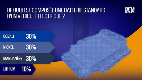 La répartition des principaux métaux dans une batterie standard d'un véhicule. La distribution et les métaux utilisés dépendent de la technologie utilisée. 