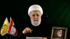 Le secrétaire général du Hezbollah Naim Qassem, prononçant un discours depuis un lieu tenu secret, le 15 octobre 2024. (illustration)