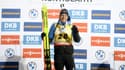 La joie du biathlète français Quentin Fillon Maillet, vainqueur du sprint à Kontiolahti (Finlande), le 5 mars 2022