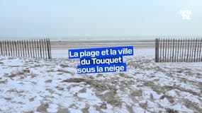 La plage et la ville du Touquet recouvertes d'une pellicule de neige