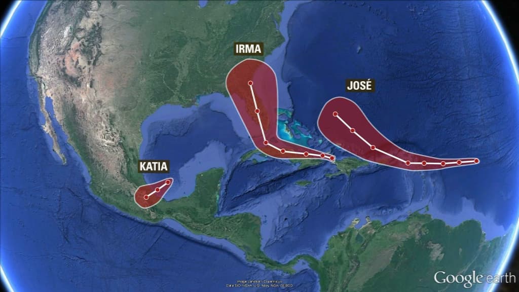 Les trajectoires estimées d'Irma, Jose et Katia. Les trajectoires estimées d'Irma, Jose et Katia.