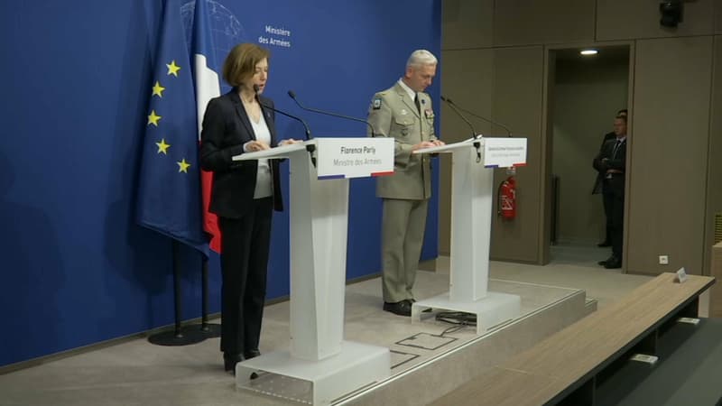 La ministre des Armées Florence Parly et le chef d'État Major des Armées, le général François Lecointre, lors de la conférence de presse concernant la libération de quatre otages au Burkina Faso le 10 mai 2019