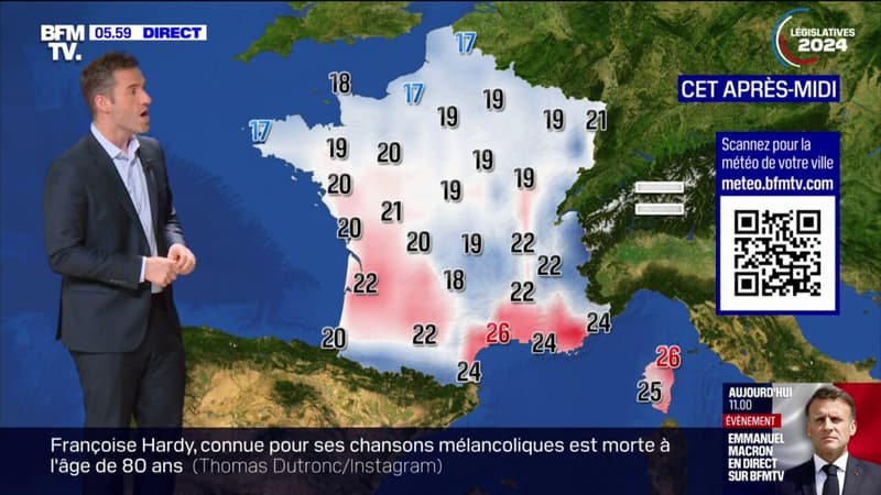 Regarder la vidéo Une journée ensoleillée, avec du vent dans le Sud-Est et quelques averses attendues dans le Nord, avec des températures comprises entre 17°C et 26°C... La météo de ce mercredi 12 juin