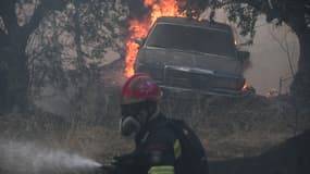 Les flammes se sont rapidement propagées sur une vaste zone en raison de vents violents à Patras, en Grèce, le 13 août 2025.