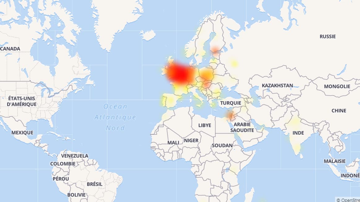 Carte des pannes Facebook dans le monde à 14h53
