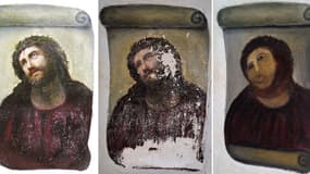 De gauche à droite: l'Ecce Homo tel qu'il avait été peint, la peinture dégradée, la "restauration" opérée par Cecilia Gimenez.