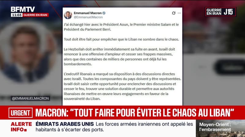 Guerre au Moyen-Orient: "La France est prête à faciliter les discussions [entre le Liban et Israël] en accueillant les autorités à Paris", déclare Emmanuel Macron