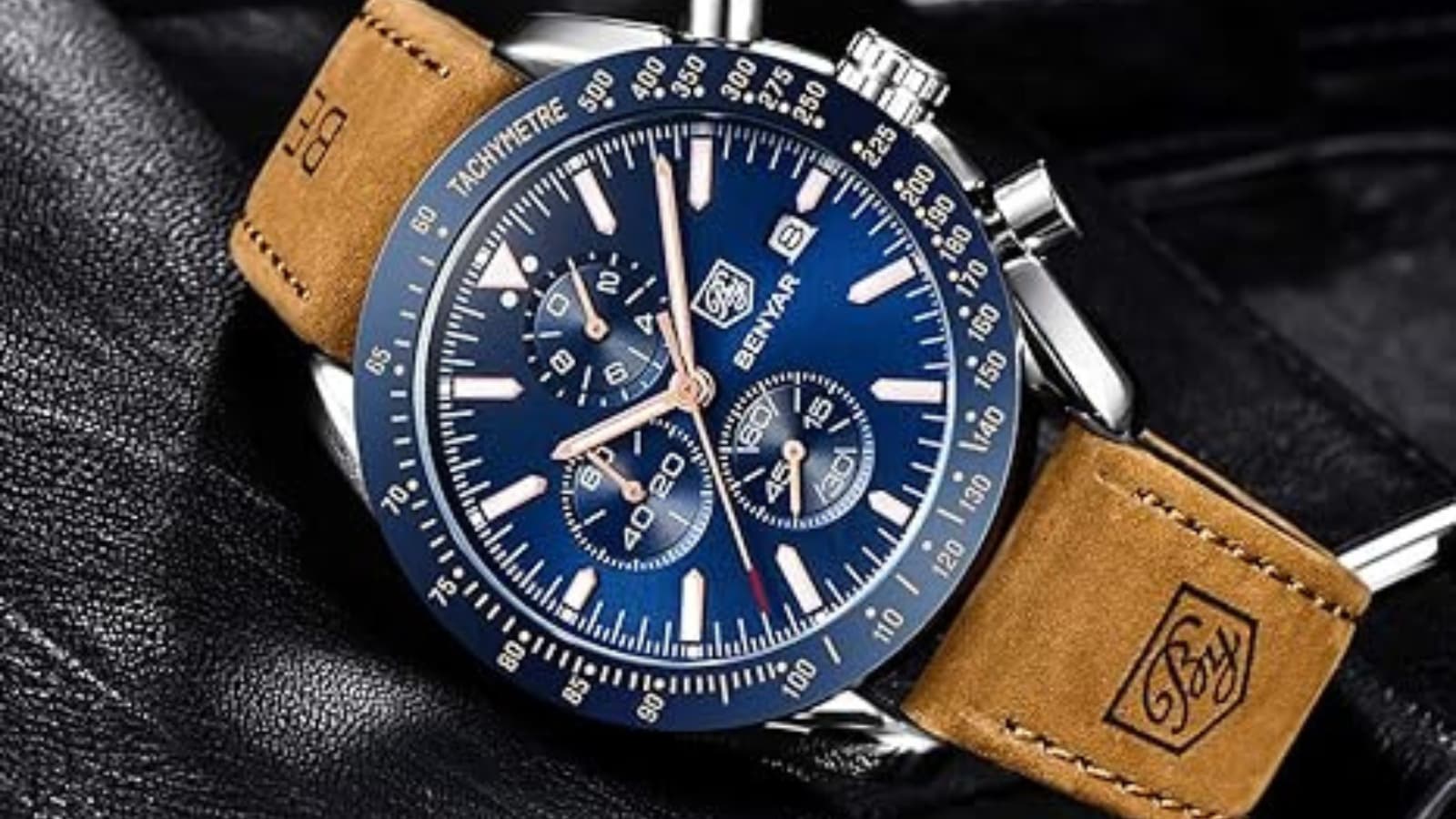 Montre Bracelet Stauer Vintage - Cadran Bleu Métallique, Calendrier Jour/date - Mouvement Quartz Japonais