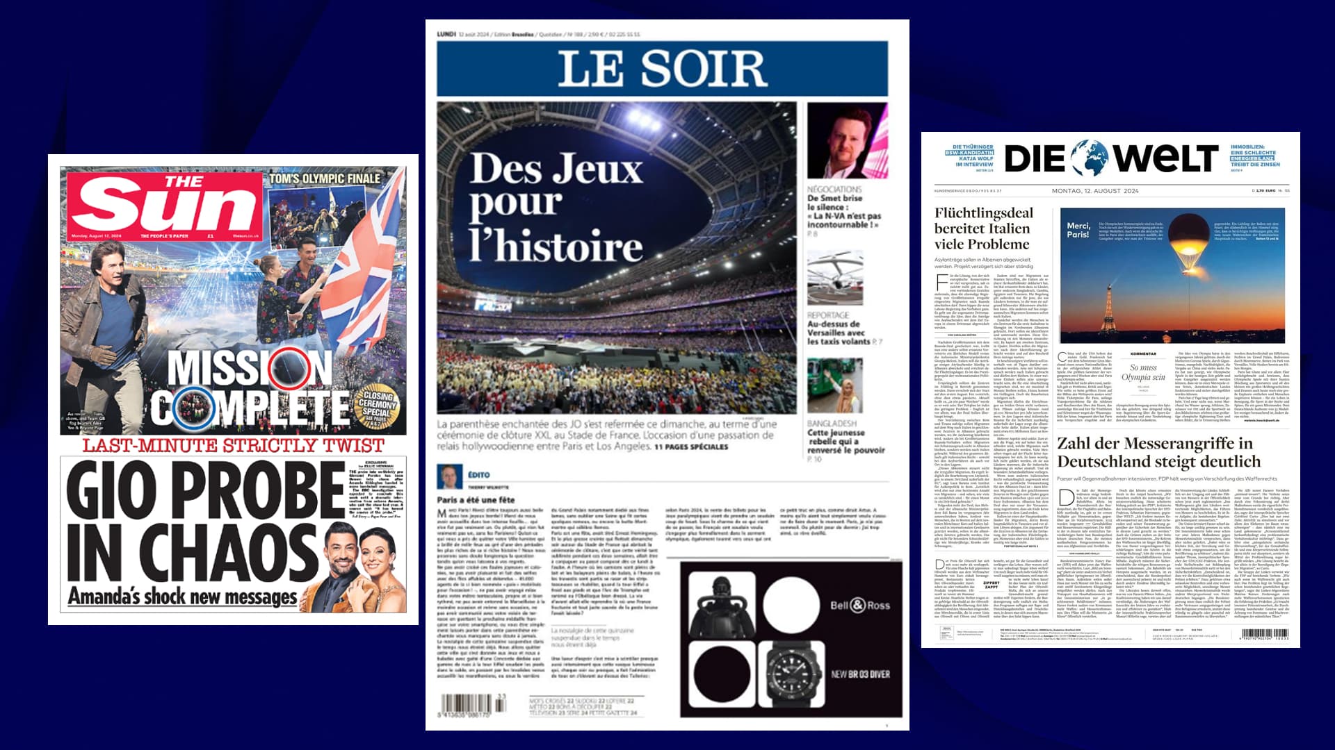 Les unes de "The Sun", de "Le Soir" et de "Die Welt" datées du lundi 12 août 2024
