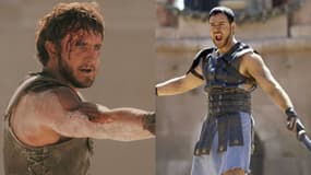 Paul Mescal dans "Gladiator 2" en 2024 et Russel Crowe dans "Gladiator" en 2000.