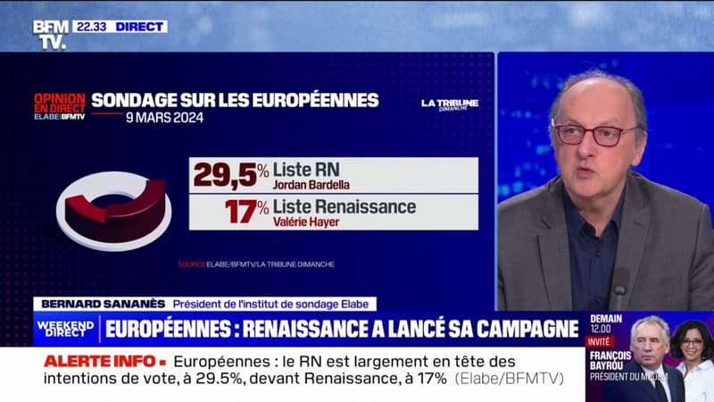 Élections européennes: la liste portée par Jordan Bardella créditée de 29,5% d'intention de vote, 17% pour Renaissance (sondage Elabe)