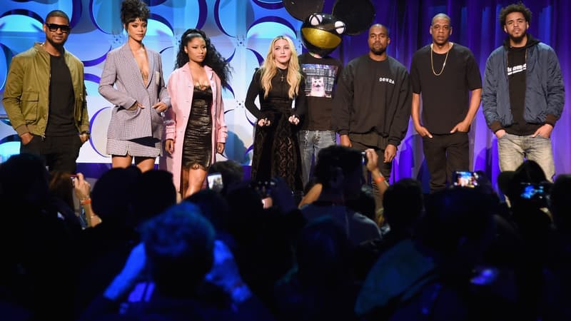 Usher, Rihanna, Nicki Minaj, Madonna, Deadmau5, Kanye West, Jay Z et J. Cole lors du lancement de Tidal en mars 2015