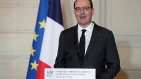 Le Premier ministre Jean Castex à l'annonce de nouvelles mesures de lutte contre l'épidémie de Covid-19, le 29 janvier 2021 depuis le palais de l'Elysée, à Paris