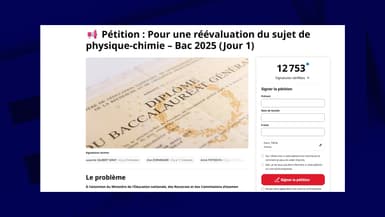 Capture d'écran du site Internet change.org. La pétition, intitulée "Pour une réévaluation du sujet de physique-chimie – Bac 2025 (Jour 1)", voit son nombre de soutiens augmenter d'heure en heure.