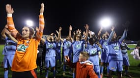 La joie des joueurs d'Espaly, club de National 3, qualifié pour les 16es de finale de la Coupe de France, 21 décembre 2024