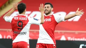 Kevin Volland et Wissam Ben Yedder pendant la rencontre entre Monaco et Nimes lors de la saison 2020/2021 de Ligue 1 le 29 novembre 2020 au Stade Louis II