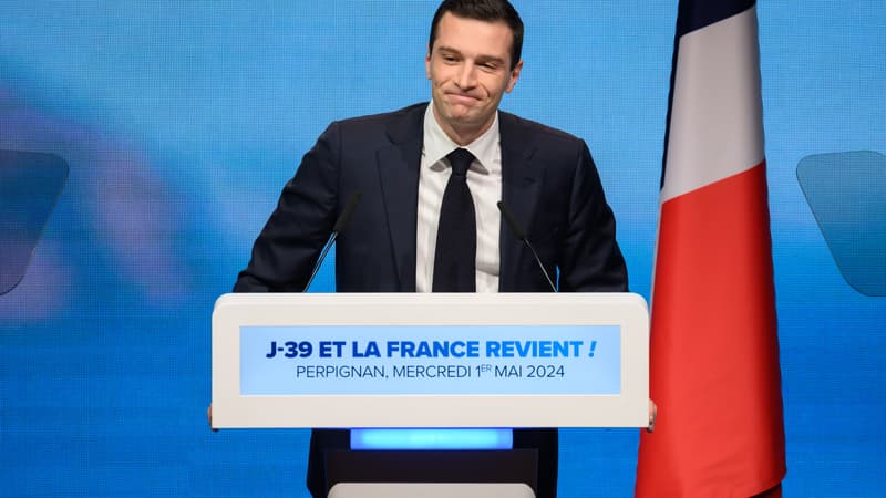 Jordan Bardella, lors d'un meeting à Perpignan, le 1er-mai 2024.