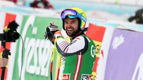 Matthieu Bailet tout sourire après son premier podium au super-G de Saalbach