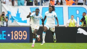 Robinio Vaz celèbre son but lors du match OM-Paris FC (5-2, L1), le 23 août 2025