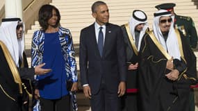 Michelle et Barack Obama en visite en Arabie saoudite, le 27 janvier 2015. Ils étaient venus présenter leurs condoléances après le décès du roi Abdallah.