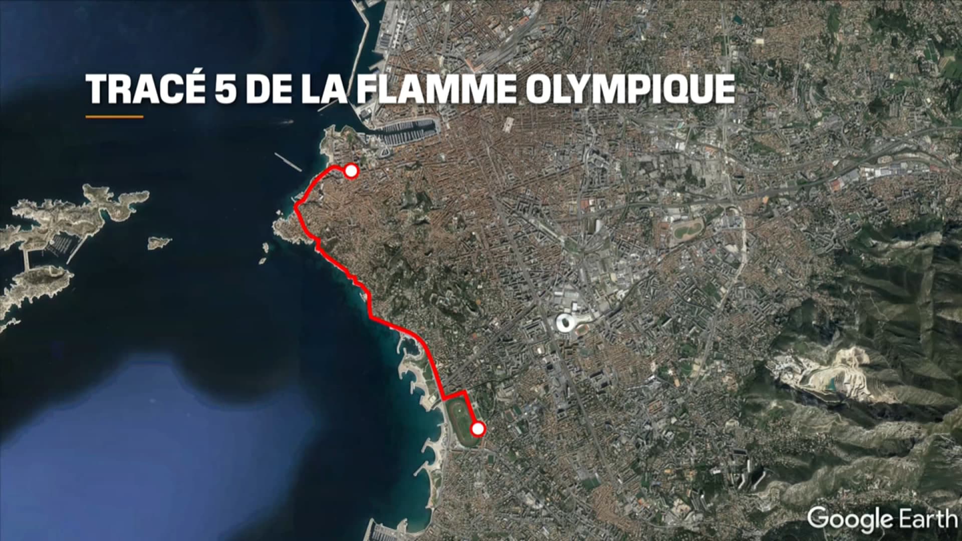 Le tracé 5 de la flamme olympique à Marseille. Le tracé 5 de la flamme olympique à Marseille.
